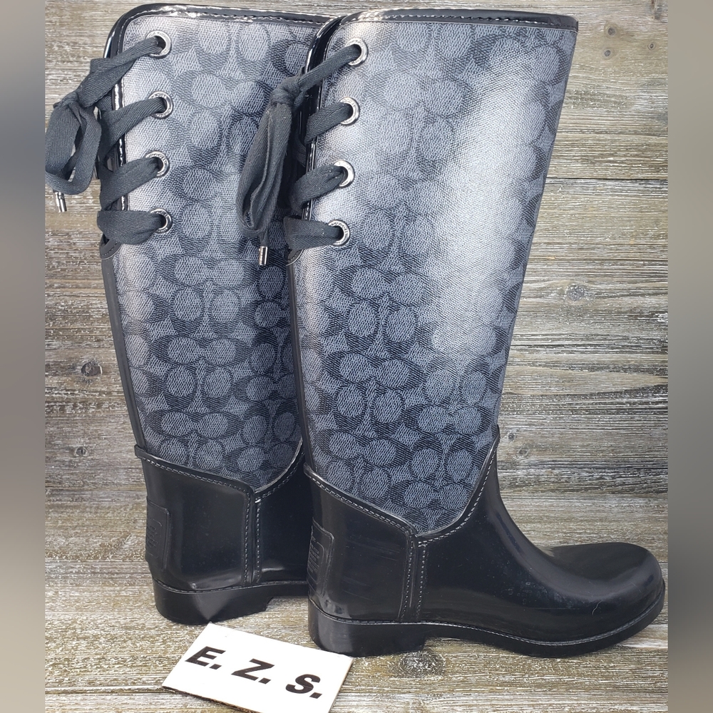 COACH Black Jacquard Rubber Rain Boots Women Size 7 - Picture 4 of 8